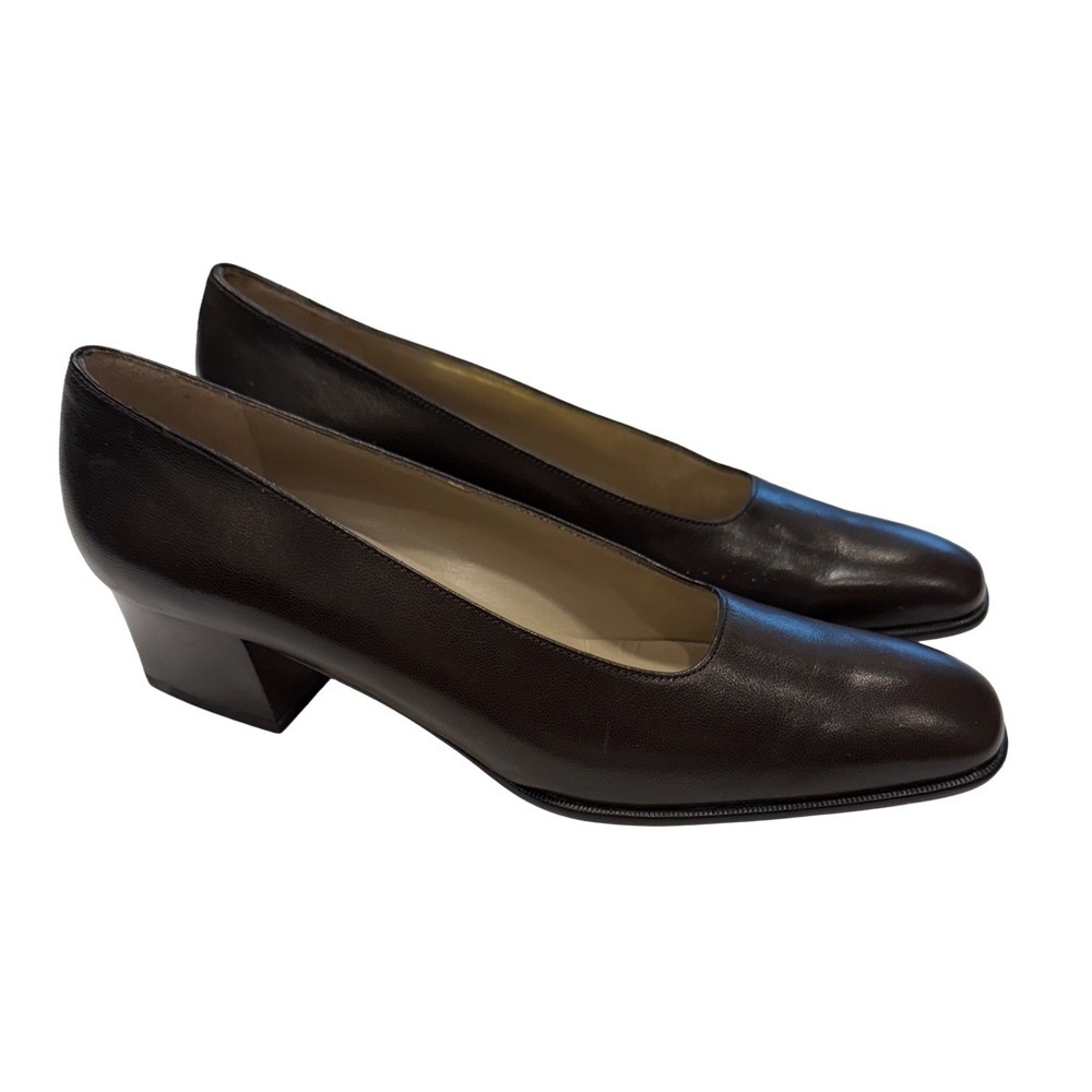 Salvatore Ferragamo Womens Pumps Expresso Leather Block Heel Sz 7 NEW
